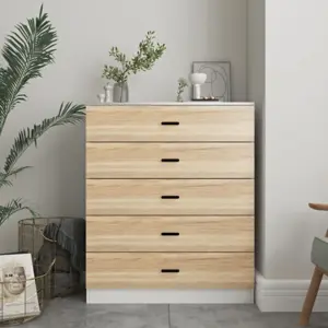 URBNLIVING Height 90.5cm 5 Drawer Wooden Bedroom Chest Cabinet Modern White Carcass and Oak Drawers Wide Storage Cupboard Closet