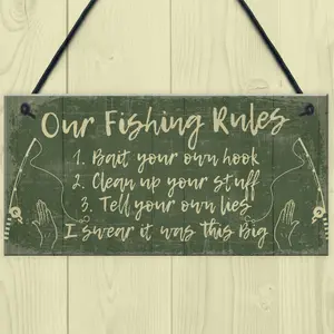 Red Ocean Funny Fishing Gift Fishing Rules Sign Garden Shed Man Cave Plaque Gift For Grandad Dad Son