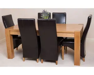 Kuba 180 x 90 cm Chunky Oak Dining Table and 6 Chairs Dining Set with Lola Brown Leather Chairs