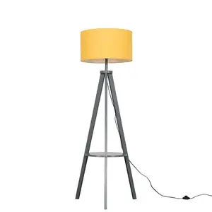 Ismay 149 cm Morrigan Wood Tripod Floor Lamp with Shelf & XL Reni Shade Light Brown / Mustard / Yes