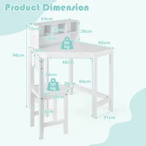 COSTWAY Kids Corner Desk & Chair Set Children Study Table Set with Hutch