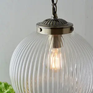 Bateson 1 - Light Globe Pendant Antique Brass/Clear Ribbed Glass / 100cm H x 25cm W x 25cm D