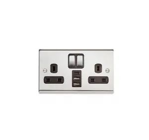 Deta SD1288CHB Slimline Twin 13 Amp Switch Socket c/w 3 x USB Polished Chrome