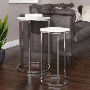 Nesting Table, Set 2 Round Side Table Chrome Glossy End Table For Living Room