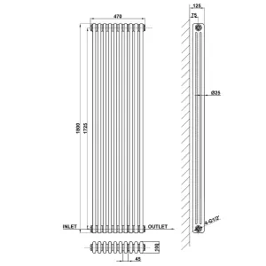 Vertical Anthracite Triple Column Radiator (H) 1800mm x (W) 470mm, 8564 BTU.