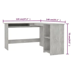 Berkfield L-Shaped Corner Desk Concrete Grey 120x140x75 cm Engineered Wood