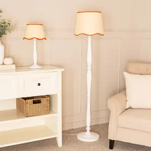 ValueLights Victoria White Wood Candlestick Floor Lamp with Linen Scallop Rust Trim Tapered Shade