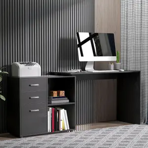 HOMCOM Computer Desk Table Workstation L Shape File Cabinet Black Home Office