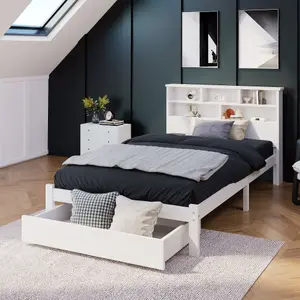 Solid Wood Single Bed Frame with Storage Headboard and Under Bed Drawer, 3FT Single (90 x 190 cm)