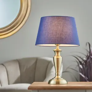 Table Lamp Antique Brass Plate & Navy Cotton 60W E27 Base & Shade e10349