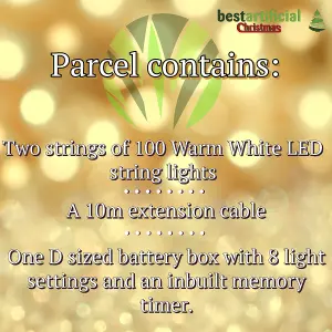 200 Warm White LED's 20m/65ft Clear Cable BATTERY Power Connectable Indoor Outdoor Waterproof String Lights Garden Party