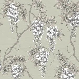 GoodHome Owletts Grey & sage Metallic effect Floral Textured Wallpaper Sample