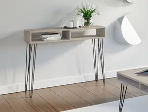 Console Table Hallway Slim Desk Industrial Hairpin Metal Legs Grey Oak Effect MR