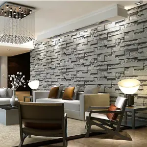 Dark Grey Brick Wallpaper Non Woven Wallpaper Retro 3D Stone Patterned Wall Paper Roll 5m²