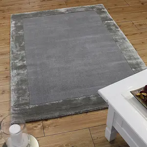 Silver Bordered Wool Handmade Modern Easy to Clean Handmade Rug For Dining Room Bedroom And Living Room-120cm X 170cm