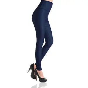 RJM Ladies Faux Leather Wet Look Leggings, High Waist, Navy