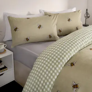 Bee Striped Duvet Cover Reversible Bedding Set, Sage - Double