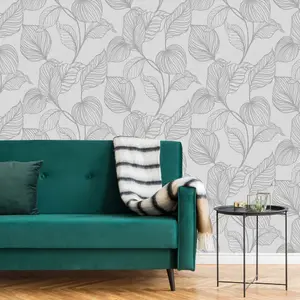 Boutique Royal palm Grey Silver effect Leaf Textured Wallpaper Sample