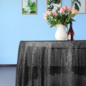 Neel Blue 90 Inch Round Sequin Tablecloth, Black