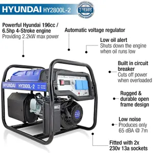 Hyundai 2.2kW / 2.75kVa Recoil Start Site Petrol Generator HY2800L-2