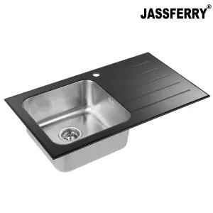 JASSFERRY Black Glass Top Kitchen Sink Stainless Steel Single 1 Bowl Right Hand Drainer