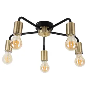 ValueLights Connell Industrial Style Antique Brass and Matt Black 5 Way Ceiling Light Fitting