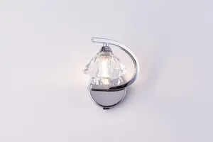 Single Left Curved Wall Light and Sconce, Clear Glass Shade, Polished Chrome Finish