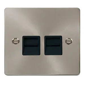 Flat Plate Satin / Brushed Chrome Master Telephone Twin Socket - Black Trim - SE Home