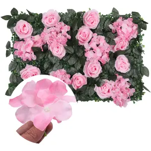 Artificial Flower Wall Backdrop Panel, 60cm x 40cm, Pink Roses with Leaves