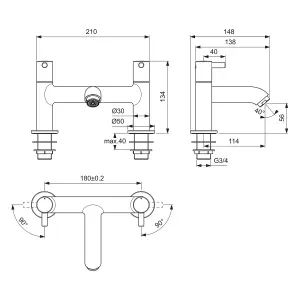 Ideal Standard Ceraline Gloss Chrome effect Surface-mounted Manual Double Bath Filler Tap