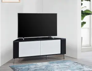 MDA Designs CORVUS Corner-Friendly Black Cabinet with White BeamThru Glass Doors for Flat Screen TVs up to 50"