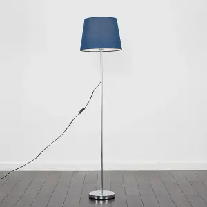 ValueLights Standard Floor Lamp In Polished Chrome Metal Finish With Navy Blue Tapered Shade With 6w LED GLS Bulbs In Warm White