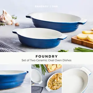 Barbary & Oak B0875002BLU Foundry Ceramic Oval Oven Dish With One Large And One Small Dish, Limoges Blue Limoges Blue