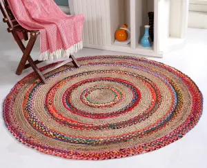 FIESTA Round Rug Jute Hand Woven with Recycled Fabric / 150 cm Diameter