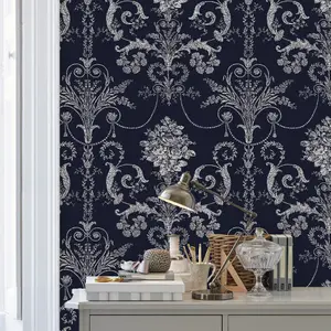 Laura Ashley Josette Midnight Damask Smooth Wallpaper