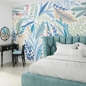 Origin Murals Tropical Blue Patterned Leaves Matt Smooth Paste the Wall Mural 350cm wide x 280cm high