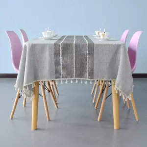 55" x 78" Table Cloth, Stitch & Fringe Tassels Polyester Linen Rectangle Table Cover, Grey