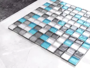 Glass mosaic on mesh for bathroom or kitchen 300mm x 300mm - Blue Harmony