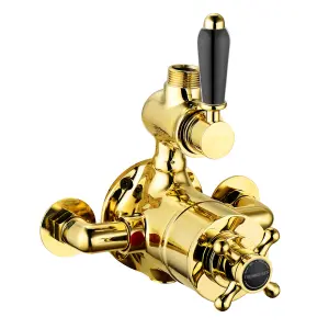 ENKI Downton English Gold Black Traditional Top Outlet Brass Thermostatic Twin Shower Valve 3/4"