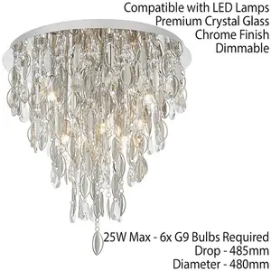 PREMIUM Crystal Flush Ceiling Light Chrome & Glass 6 Lamp Chandelier Fitting