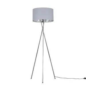 ValueLights Camden Polished Chrome Metal Tripod Floor Lamp with Grey & Chrome Cylinder Shade - Includes 6w LED Bulb 3000K