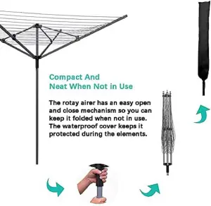 Abaseen 60m Grey Rotary Washing Lines Heavy Duty Folding 4 Arm Garden Clothes Airer Dryer Comes with Cover & Metal Ground Spike