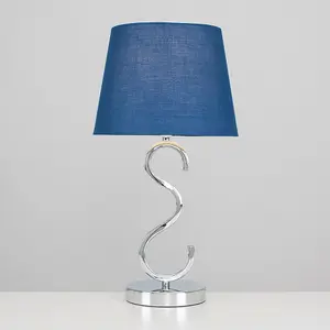 ValueLights Cabonna Sleek Design Chrome Touch Table Lamp with Navy Blue Tapered Light Shade - with 5w LED Candle Bulb