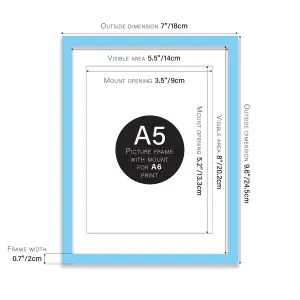 A5 Light Blue Picture Frame With Mount for A6 (10.5 x 14.8cm - 4.1 x 5.8in) Poster, Photo, Artwork, or Print.