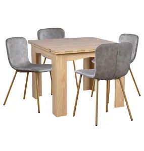 Hallowood Furniture Newquay Oak Flip Top Extending Table with 4 Grey Leather Effect Chair with Oak Effect Legs