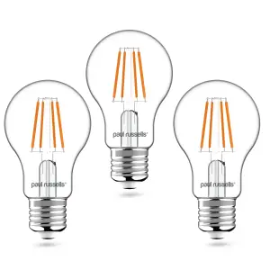 paul russells LED Filament Dimmable GLS Bulb, ES E27, 7W 806 Lumens, 60w Equivalent, 2700K Warm White, Pack of 3