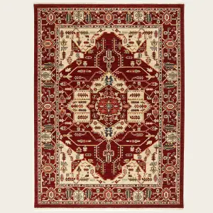 Geometric Persian Wool Easy to Clean Red Traditional Bordered Rug for Living Room & Bedroom-120cm X 180cm