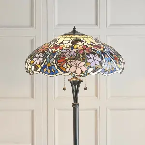 1.5m Tiffany Twin Floor Lamp Dark Bronze & Floral Stained Glass Shade i00027