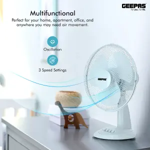 Geepas 12 inch 3 Speed Portable Desk Fan- Low Noise, Oscillating, Home Office Cooling Fan