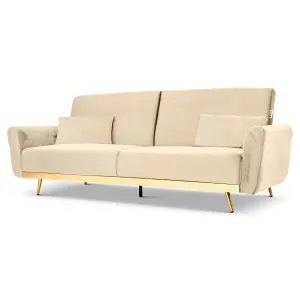 Libbie 3 Seater Click Clack Cream Velvet Sofa Bed with Gold Detail